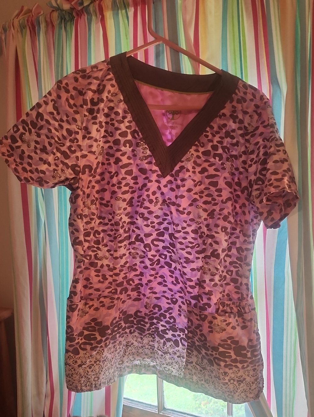 healing hands Pink Leopard Print V-Neck Scrub Top with Black Trim